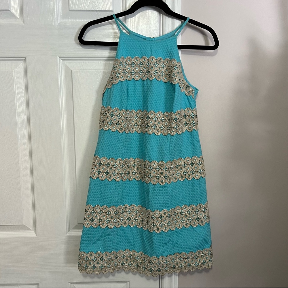 Lilly Pulitzer Women's Annabelle Shift Dress in Teal with Gold Lace Size 00